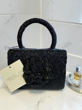 New RACHEL ZOE Black Beaded With Flower Crossbody Shoulder Bag 7"x6"x3" NWT
